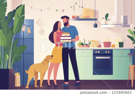 Couple celebrates special occasion in bright kitchen with cake and golden retriever 125985601