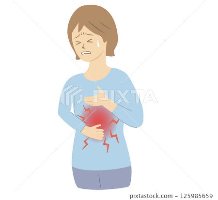 Illustration of a woman's upper body holding her chest in pain due to stomach pain 125985659