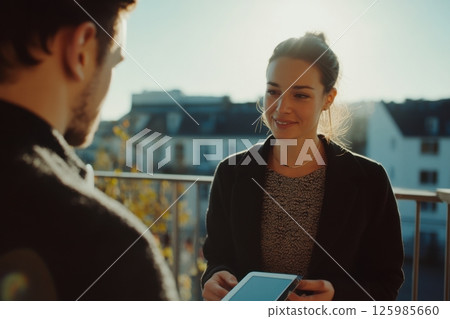Man and woman conversing on a balcony during sunset while using a tablet for communication 125985660