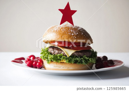 Juicy hamburger topped with fresh vegetables and a decorative star in a minimalist setting 125985665