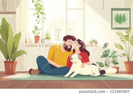 Happy couple enjoying time together with their dog in a bright, cozy room filled with plants during daytime 125985667