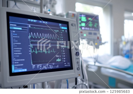 Hospital monitoring equipment showing vital signs in a patient room at a healthcare facility during daylight hours 125985683