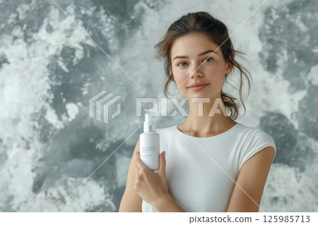 Young woman showcasing skincare product against a textured wall in a bright indoor space Young woman showcasing skincare product against a textured wall in a bright indoor space 125985713