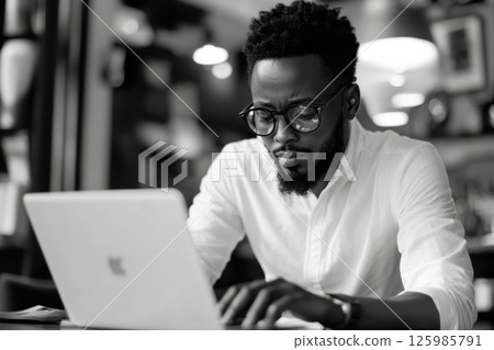 Young man focused on laptop in modern cafe during afternoon work session Young man focused on laptop in modern cafe during afternoon work session 125985791