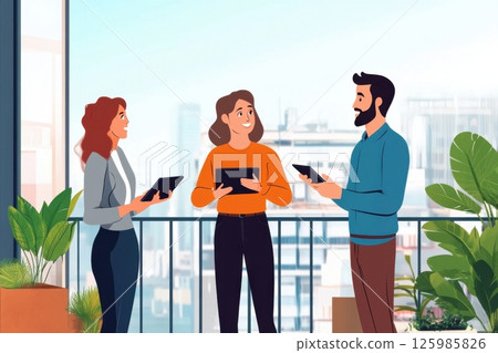 Three professionals collaborate in a modern office space during the daytime 125985826