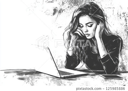 Young woman focused on laptop while resting her head on her hands in a minimalist workspace during daytime 125985886