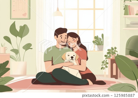 Couple enjoys quiet moment at home with their dog in a cozy indoor setting surrounded by plants 125985887