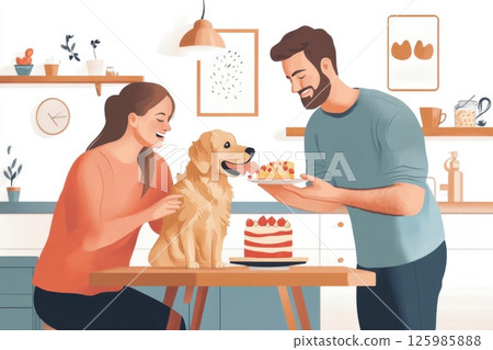 Couple celebrating their dog's birthday with cake and joy in a cozy kitchen setting 125985888