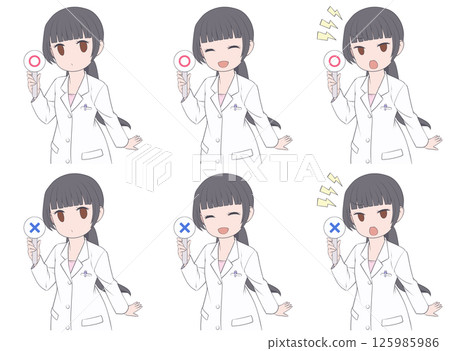 A black-haired female pharmacist holding a checkered stick, 3 facial expressions and 2 symbol sets 125985986