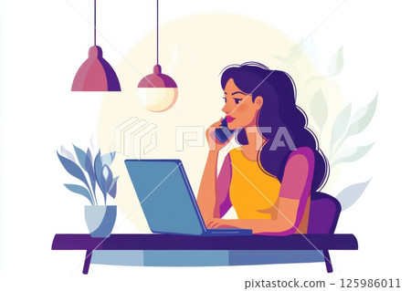 Working professional engaging in a phone call while sitting at a desk with a laptop in a modern workspace Working professional engaging in a phone call while sitting at a desk with a laptop in a modern workspace 125986011