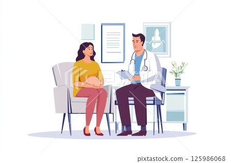 Doctor discusses prenatal care with an expectant mother in a clinic office setting during a check-up 125986068