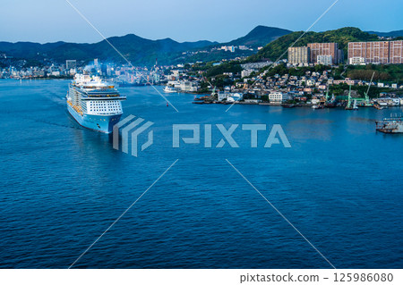 Cruise ship departing from Nagasaki Port (Spectrum of the Seas) Evening view from Megami Ohashi Bridge [Nagasaki City] 125986080