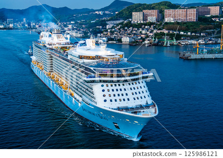 Cruise ship departing from Nagasaki Port (Spectrum of the Seas) Evening view from Megami Ohashi Bridge [Nagasaki City] 125986121