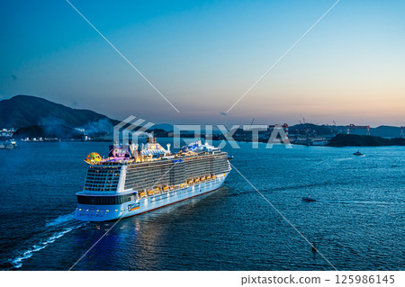 Cruise ship departing from Nagasaki Port (Spectrum of the Seas) Evening view from Megami Ohashi Bridge [Nagasaki City] 125986145