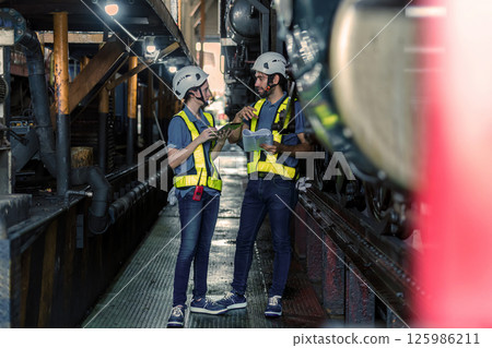 Engineer checking construction process railway and checking work on railroad station Engineer checking construction process railway and checking work on railroad station 125986211