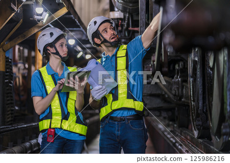 Engineer checking construction process railway and checking work on railroad station 125986216