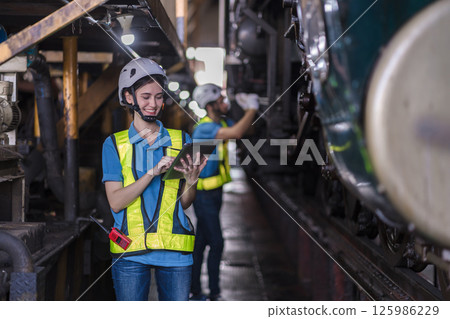 Engineer checking construction process railway and checking work on railroad station Engineer checking construction process railway and checking work on railroad station 125986229