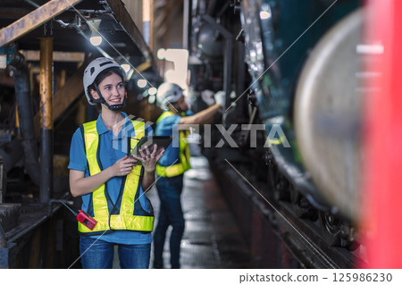 Engineer checking construction process railway and checking work on railroad station 125986230