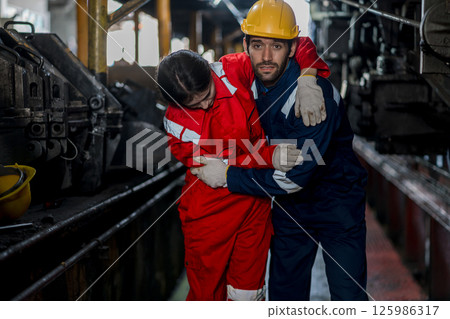 First aid support accident at work of worker at factory.  125986317