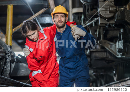First aid support accident at work of worker at factory.  125986320