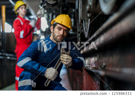 Engineer checking construction process railway and checking work on railroad station Engineer checking construction process railway and checking work on railroad station 125986331