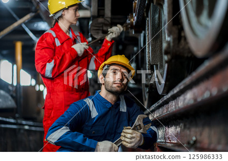 Engineer checking construction process railway and checking work on railroad station Engineer checking construction process railway and checking work on railroad station 125986333