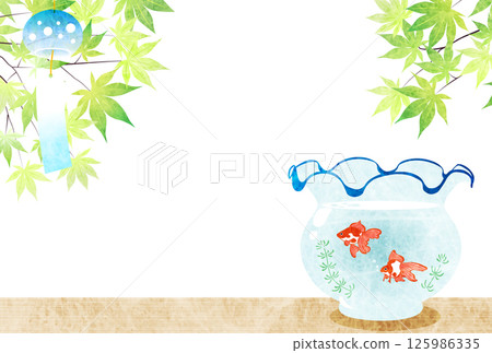 Summer greeting card, goldfish, cute, blue maple leaves, wind chimes, illustration, Japanese style, horizontal 125986335
