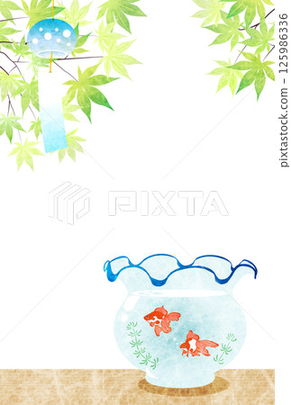Summer greeting card, goldfish, cute, blue maple leaves, wind chimes, illustration, Japanese style, vertical Summer greeting card, goldfish, cute, blue maple leaves, wind chimes, illustration, Japanese style, vertical 125986336