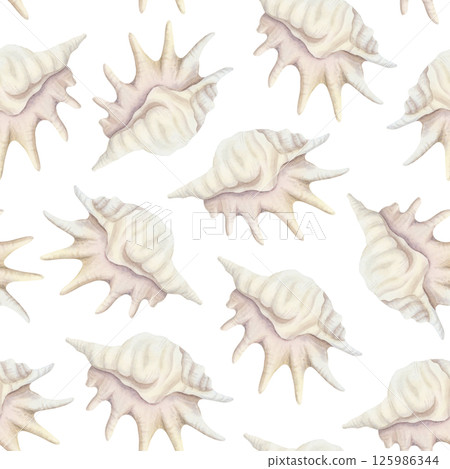 Pastel beige seashell seamless pattern with watercolor sea snail shells on white. Hand drawn realistic ocean mollusk repeat background for coastal designs. Coral reef animal tropical clip art Pastel beige seashell seamless pattern with watercolor sea snail shells on white. Hand drawn realistic ocean mollusk repeat background for coastal designs. Coral reef animal tropical clip art 125986344