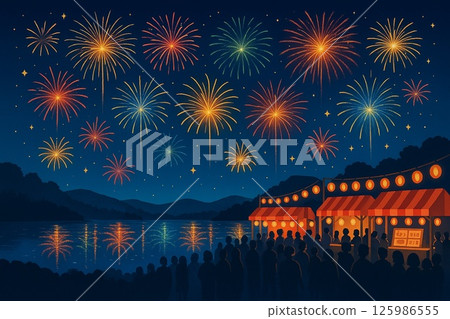 夏季湖邊舉行的煙火秀 |湖面上倒映著絢爛的夜空 夏季湖邊舉行的煙火秀 |湖面上倒映著絢爛的夜空 125986555