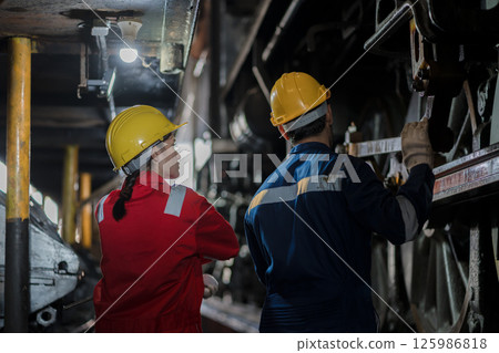 Engineer checking construction process railway and checking work on railroad station 125986818