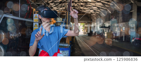 woman, vr and headset with hologram for virtual interaction woman, vr and headset with hologram for virtual interaction 125986836