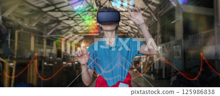 woman, vr and headset with hologram for virtual interaction woman, vr and headset with hologram for virtual interaction 125986838