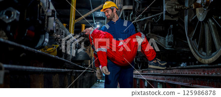 First aid support accident at work of worker at factory. Male worker has an accident on the floor in warehouse site. 125986878