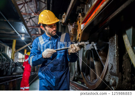 Engineer checking construction process railway and checking work on railroad station Engineer checking construction process railway and checking work on railroad station 125986883