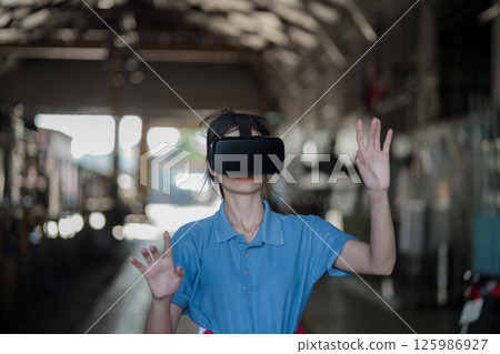 woman, vr and headset with hologram for virtual interaction woman, vr and headset with hologram for virtual interaction 125986927