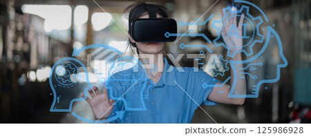 woman, vr and headset with hologram for virtual interaction 125986928