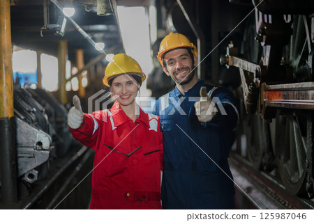 Engineer checking construction process railway and checking work on railroad station  125987046