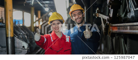 Engineer checking construction process railway and checking work on railroad station  125987047