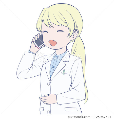 Blonde female pharmacist making a phone call on her smartphone, smiling 125987305