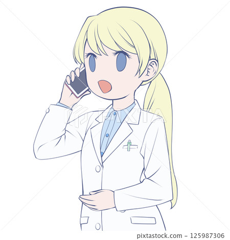 金髮女藥劑師用智慧型手機打電話,面帶微笑 金髮女藥劑師用智慧型手機打電話,面帶微笑 125987306