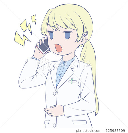 Blonde female pharmacist making a phone call on her smartphone, angry Blonde female pharmacist making a phone call on her smartphone, angry 125987309