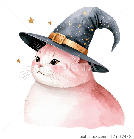 A charming watercolor illustration featuring a soft brown tabby cat wearing a whimsical pointed hat, surrounded by fall leaves, flowers, and a pumpkin. Ideal for seasonal DIY projects, greeting cards, 125987480
