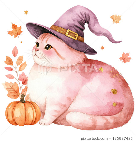 A charming watercolor illustration featuring a soft brown tabby cat wearing a whimsical pointed hat, surrounded by fall leaves, flowers, and a pumpkin. Ideal for seasonal DIY projects, greeting cards, 125987485