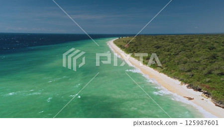 Breathtaking aerial view capturing turquoise ocean waves crashing on pristine white sand beach, bordered by lush green vegetation on Sumba Island, Indonesia 125987601