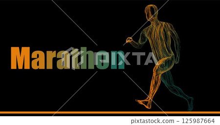 Composition of a man running a marathon sideways from wavy neon lines along the contour of different colors on a black background. Vector illustration. Composition of a man running a marathon sideways from wavy neon lines along the contour of different colors on a black background. Vector illustration. 125987664