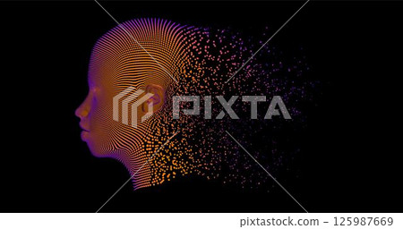 Abstract illustration of a human head in profile made of gold particles and dots on a black background. Vector design 125987669