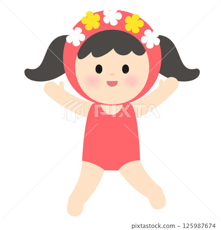 Character in a floral swim cap and swimsuit 125987674