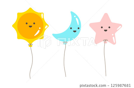 Illustration of the sun, moon, and star balloons Illustration of the sun, moon, and star balloons 125987681