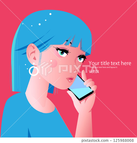 一位可愛女性在粉紅色背景智慧型手機上交談的時尚而扁平的形象 125988008